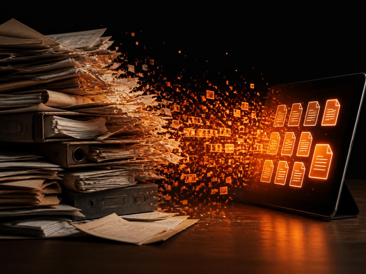 Pilha de documentos físicos desorganizados se transformando em documentos digitais em um tablet